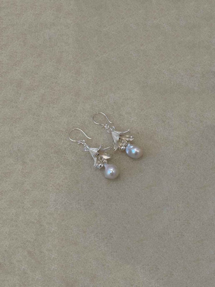 Silver Hibiscus Pearl Hook Earrings
