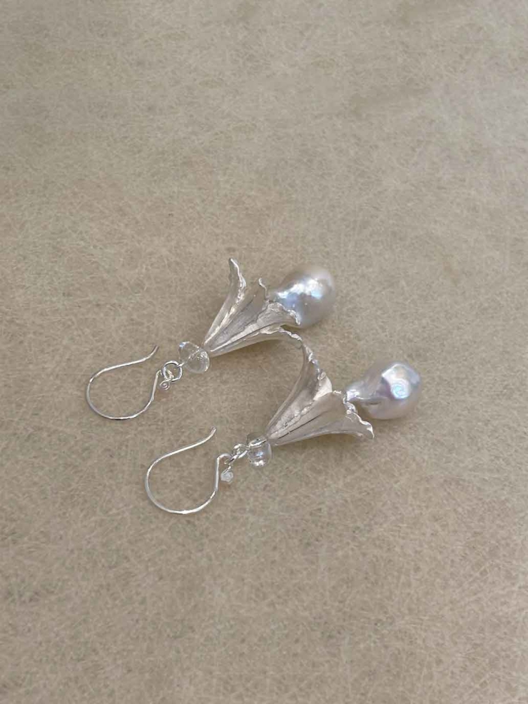Silver Hibiscus Pearl Hook Earrings