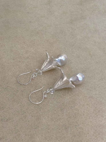 Silver Hibiscus Pearl Hook Earrings
