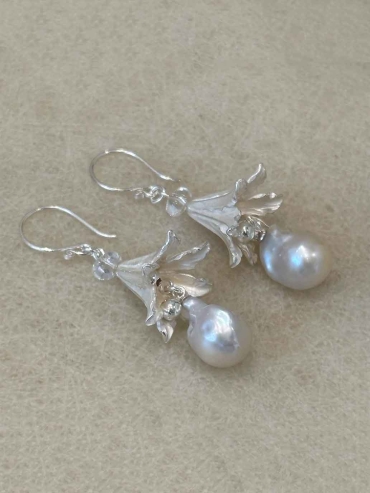 Silver Hibiscus Pearl Hook Earrings