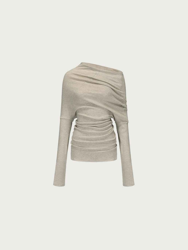 Beige Asymmetrical Knit Base Layer Top