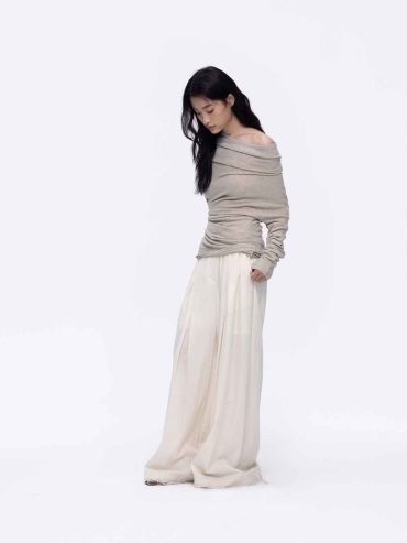 Beige Asymmetrical Knit Base Layer Top