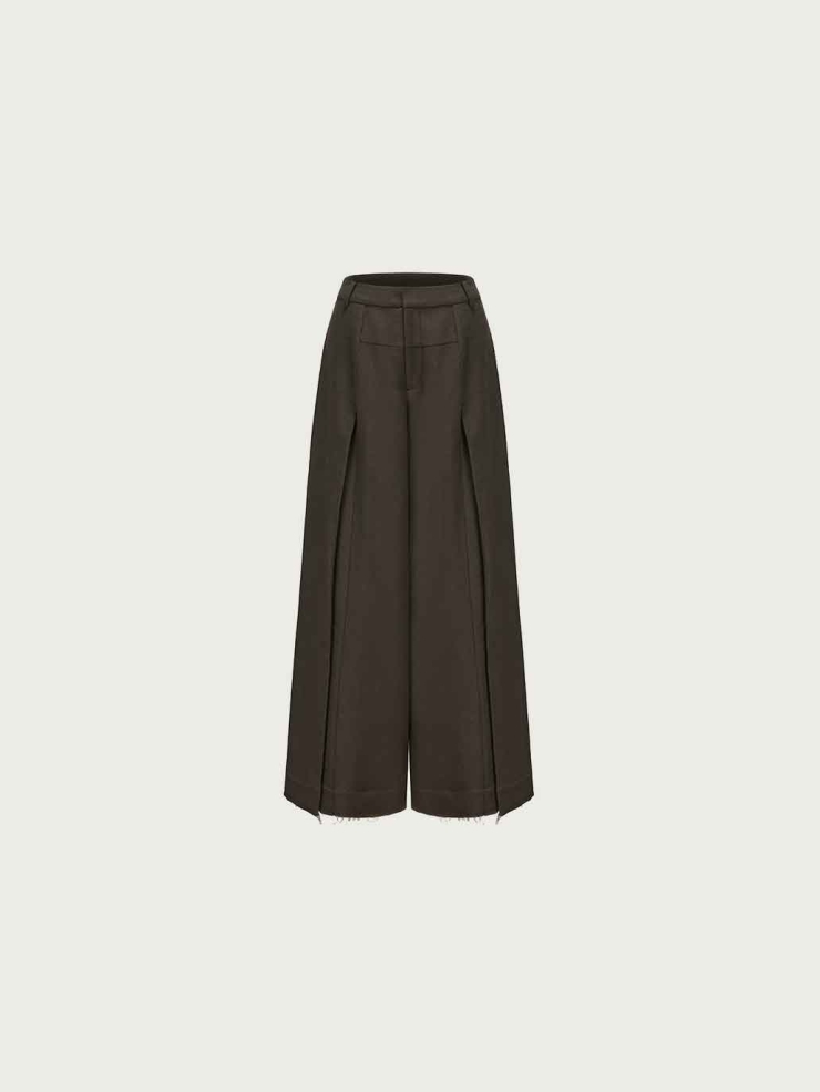 Brown Structured Pleated Wide-Leg Pants