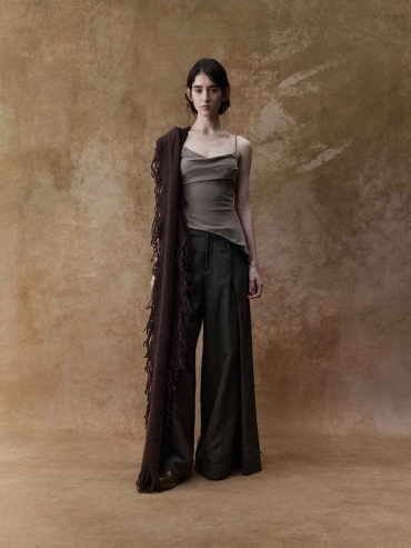 Brown Structured Pleated Wide-Leg Pants
