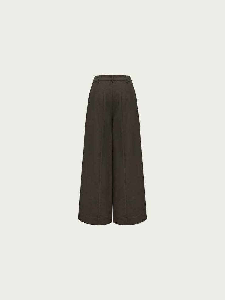 Brown Structured Pleated Wide-Leg Pants