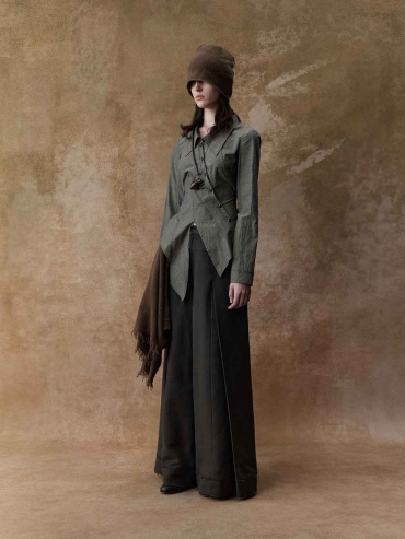 Brown Structured Pleated Wide-Leg Pants