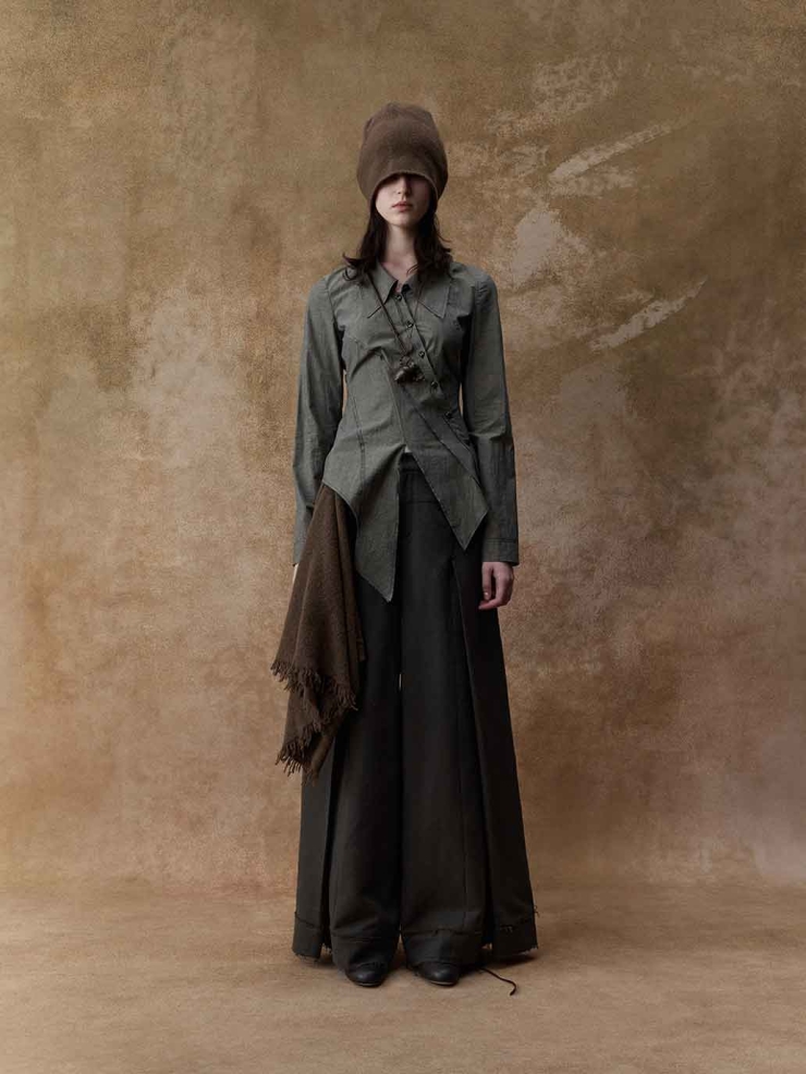Brown Structured Pleated Wide-Leg Pants