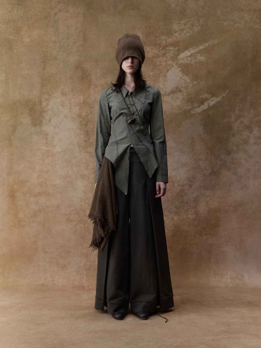 Brown Structured Pleated Wide-Leg Pants