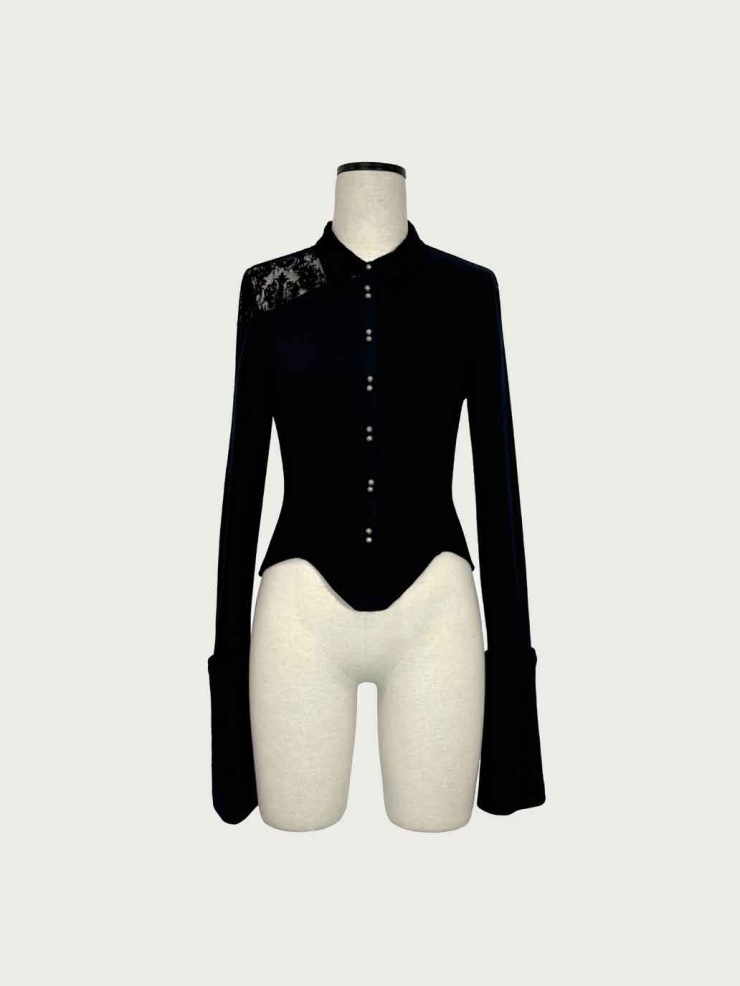 Black Wool-Panel Asymmetrical Flocked Lace Fitted Shirt