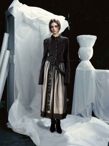 Black Wool-Panel Asymmetrical Flocked Lace Fitted Shirt