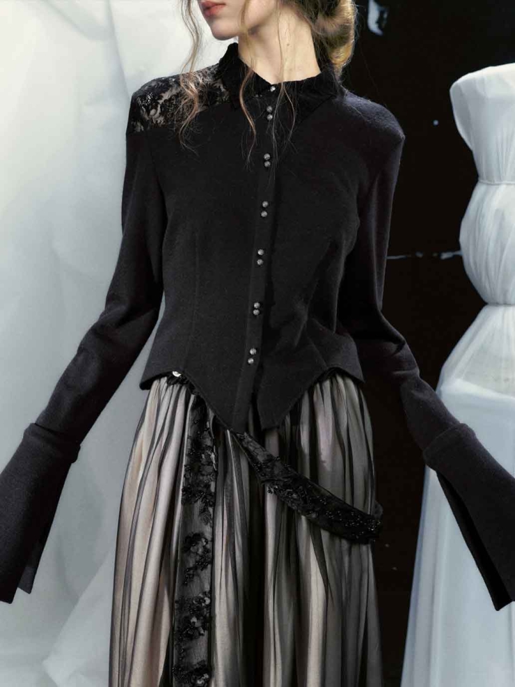 Black Wool-Panel Asymmetrical Flocked Lace Fitted Shirt