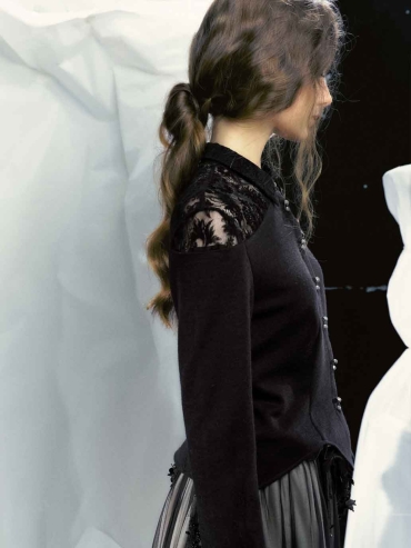 Black Wool-Panel Asymmetrical Flocked Lace Fitted Shirt
