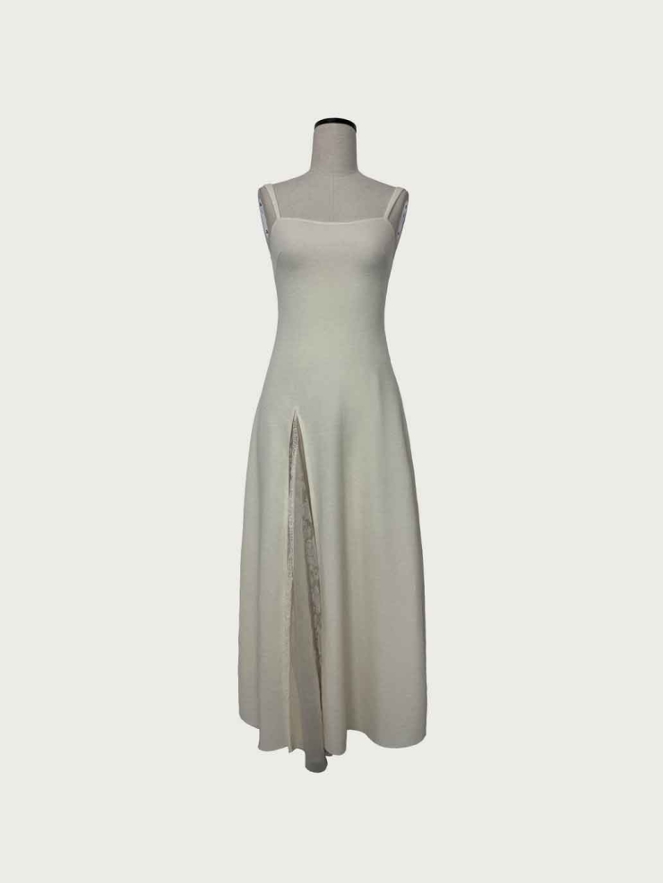 Grey Wool-Panel Lace Fitted Dress