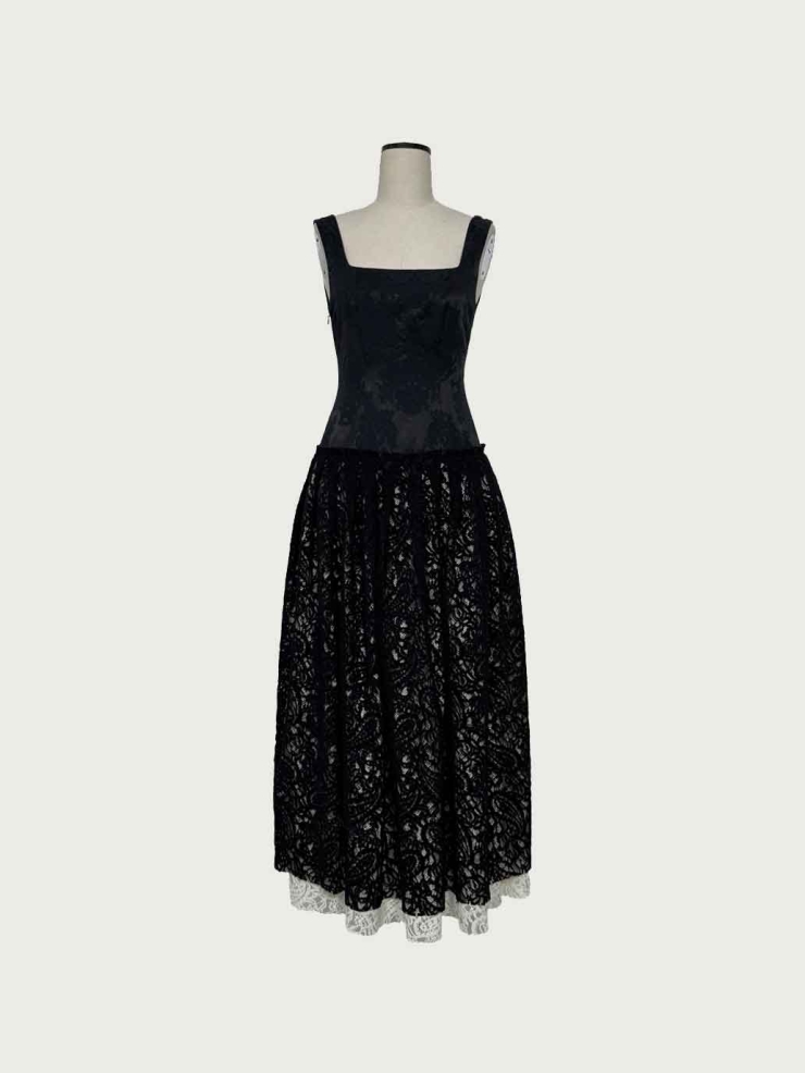 Black Square-Neck Low-Waist Tiered Dress