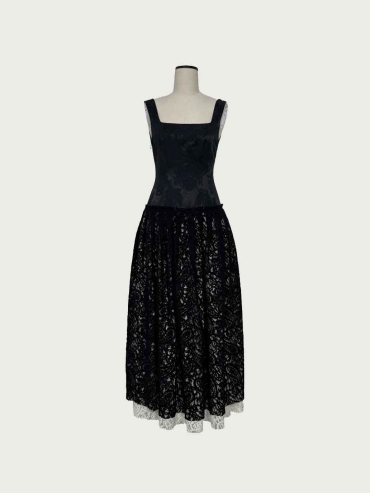 Black Square-Neck Low-Waist Tiered Dress