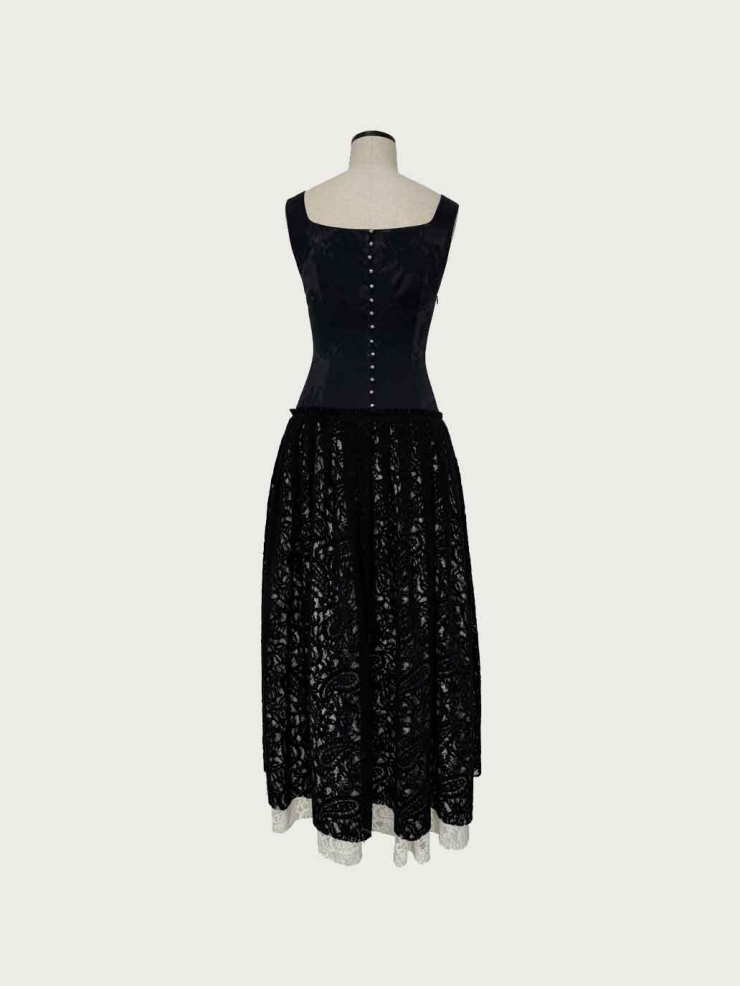 Black Square-Neck Low-Waist Tiered Dress