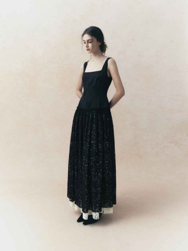 Black Square-Neck Low-Waist Tiered Dress