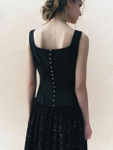 Black Square-Neck Low-Waist Tiered Dress