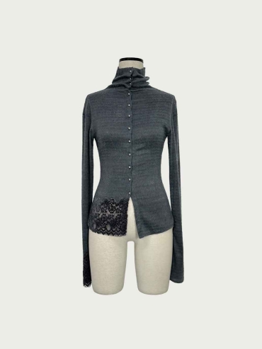 Grey Draped-Neck Fitted Drop-Shoulder Top
