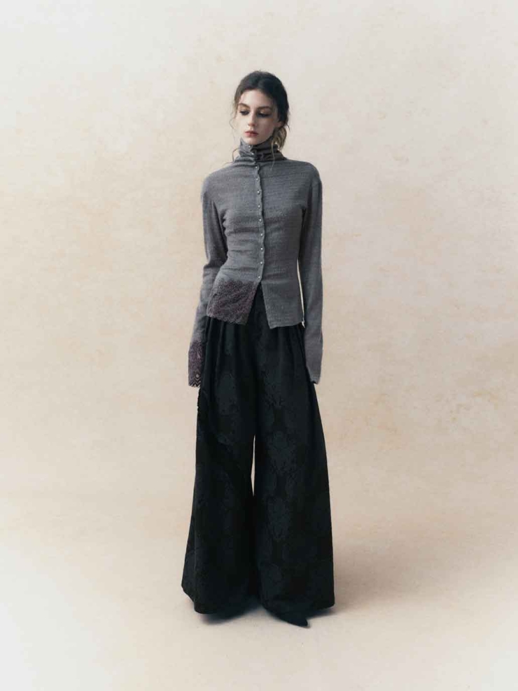 Grey Draped-Neck Fitted Drop-Shoulder Top