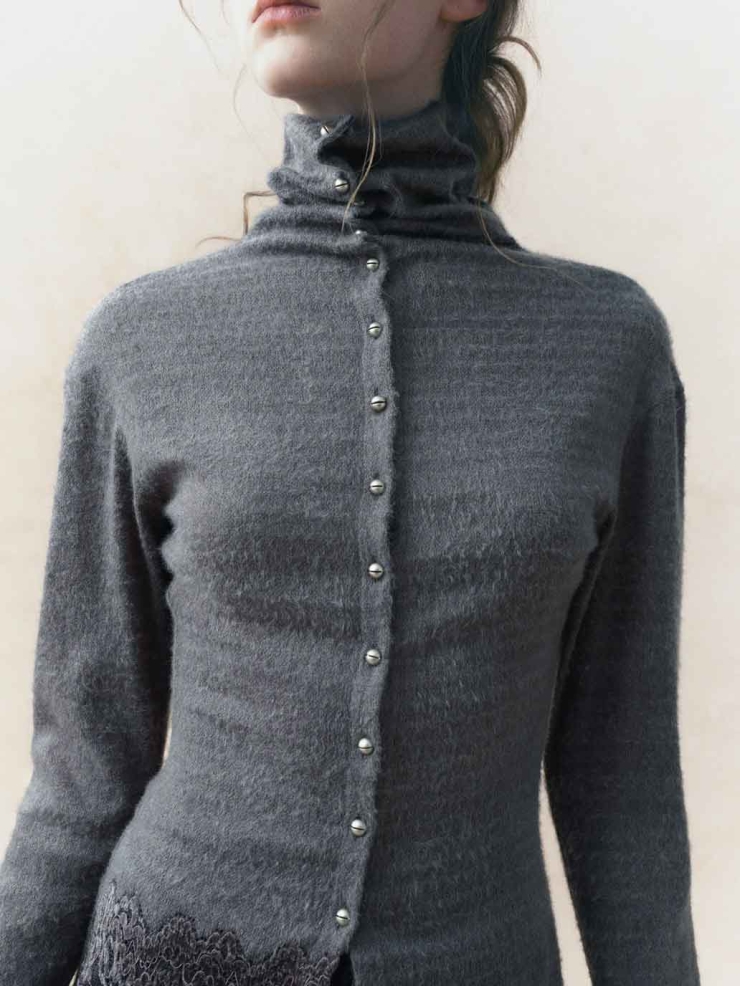 Grey Draped-Neck Fitted Drop-Shoulder Top