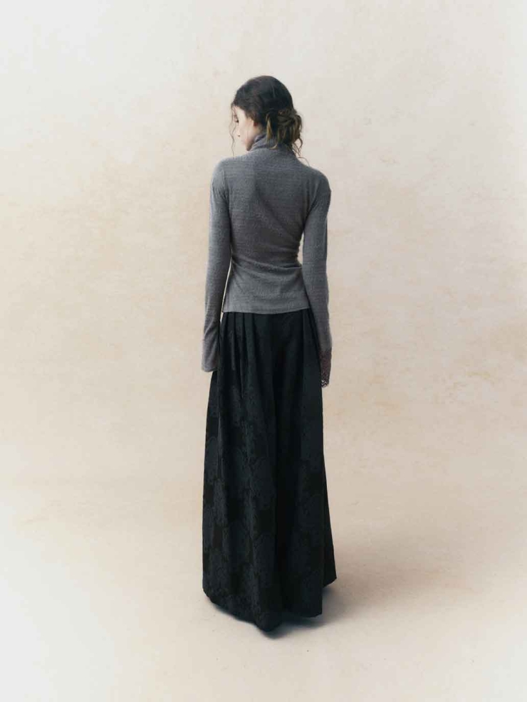 Grey Draped-Neck Fitted Drop-Shoulder Top