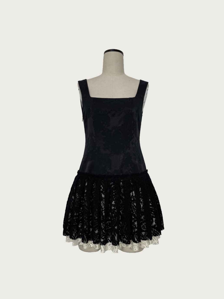 Black Square-Neck Low-Waist Tiered Mini Dress