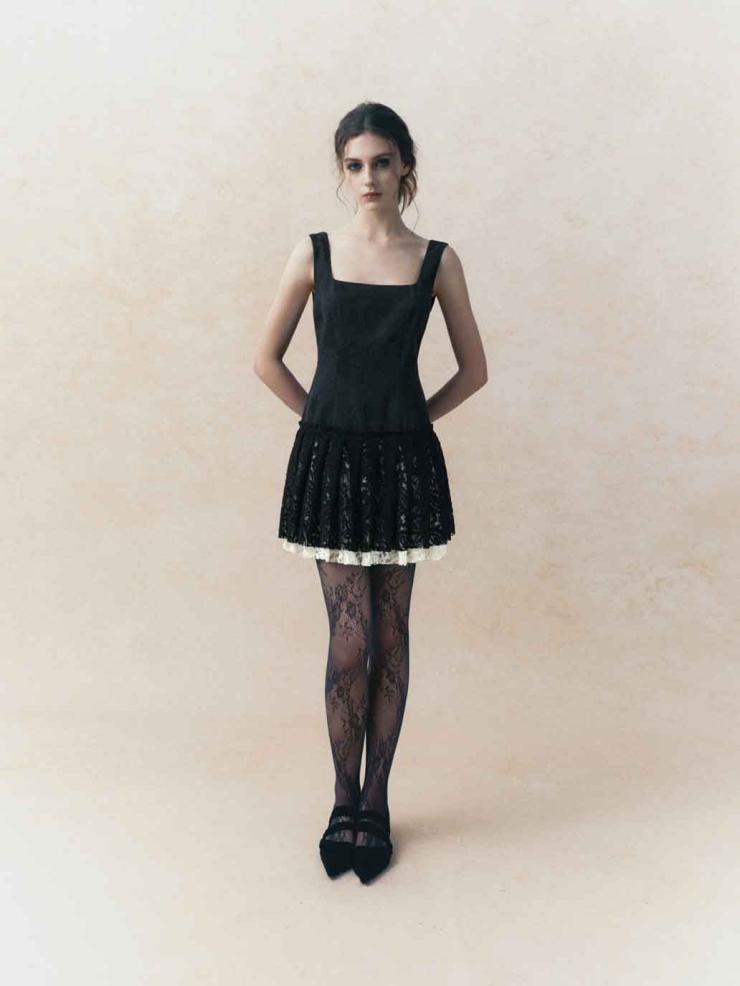 Black Square-Neck Low-Waist Tiered Mini Dress