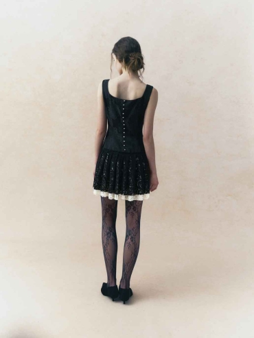 Black Square-Neck Low-Waist Tiered Mini Dress