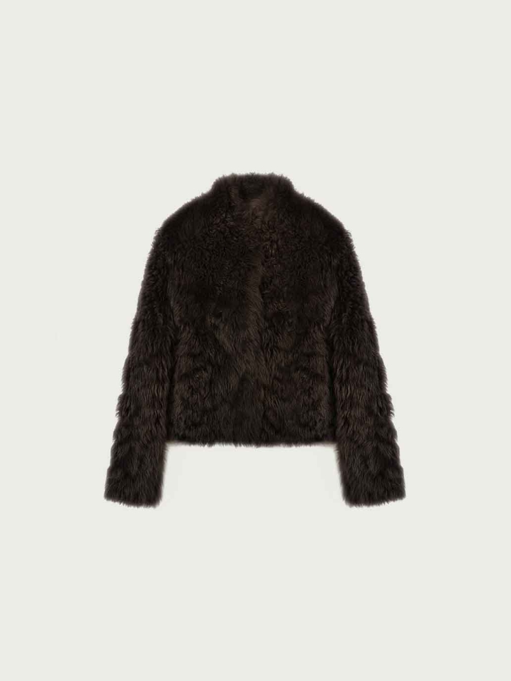 Brown Toscana Shearling Stand-Collar Short Jacket