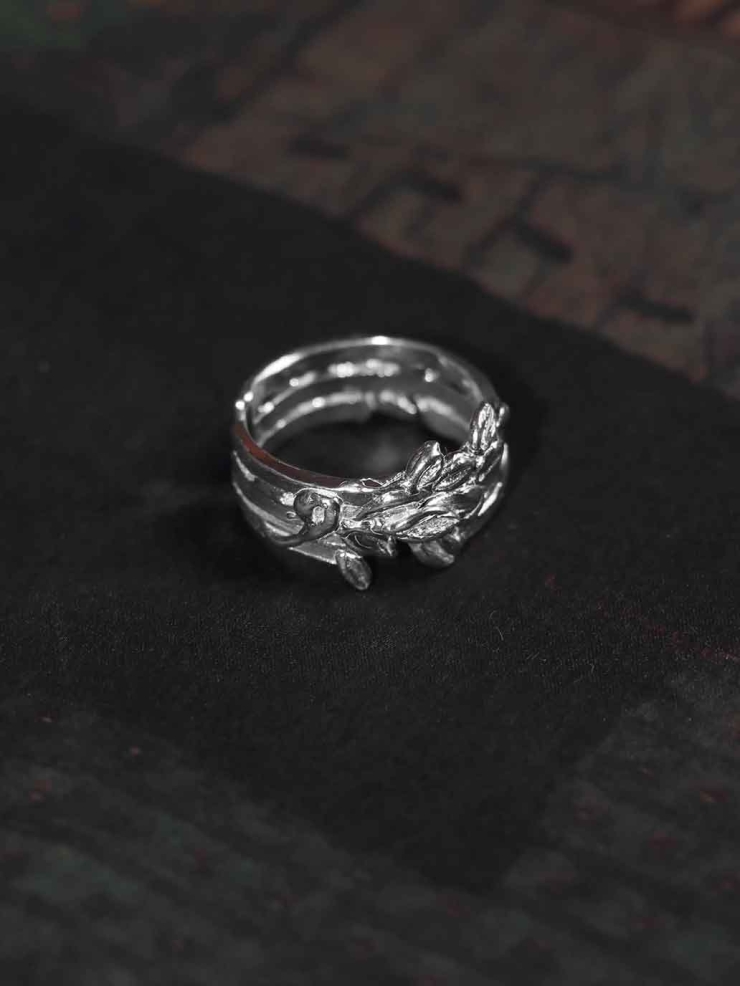 Silver Leaf and Flower Ring-Leaf