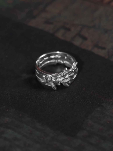 Silver Leaf and Flower Ring-Leaf