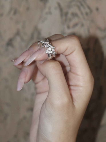 Silver Leaf and Flower Ring-Leaf