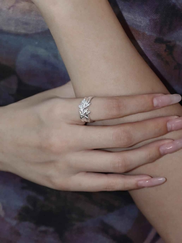 Silver Leaf and Flower Ring-Leaf