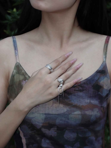 Silver Leaf and Flower Ring-Leaf
