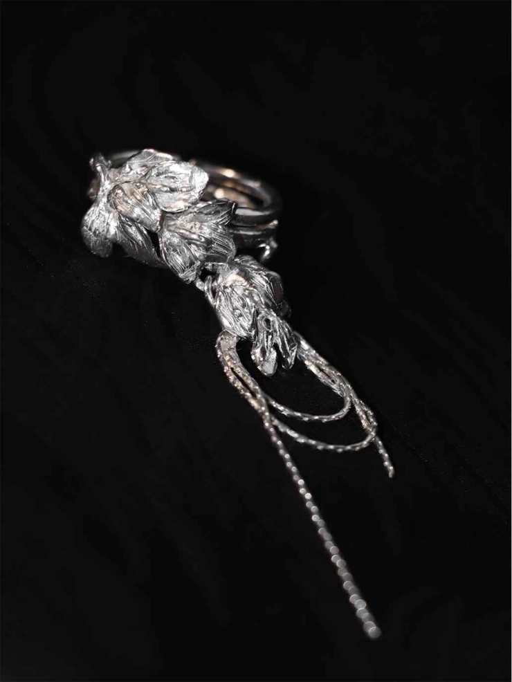 Silver Leaf and Flower Ring-Flower