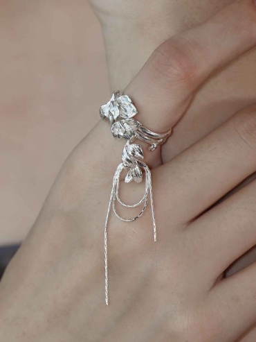 Silver Leaf and Flower Ring-Flower