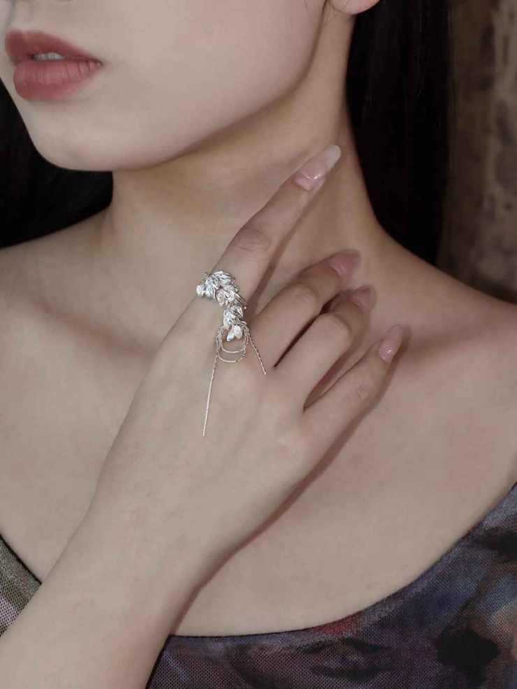 Silver Leaf and Flower Ring-Flower