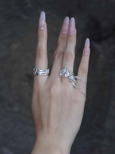 Silver Leaf and Flower Ring-Flower
