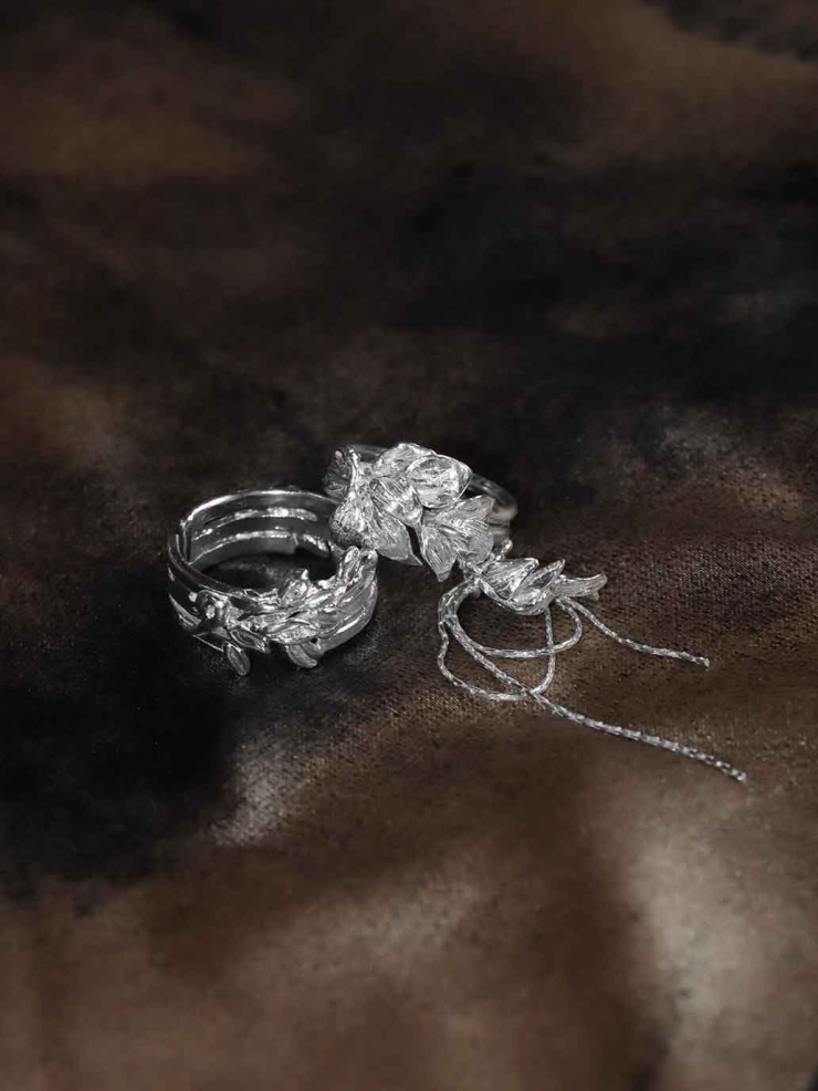 Silver Leaf and Flower Ring-Flower