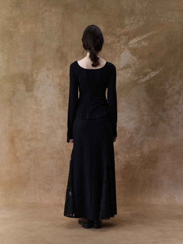 Black Lace-Panel Maxi Skirt