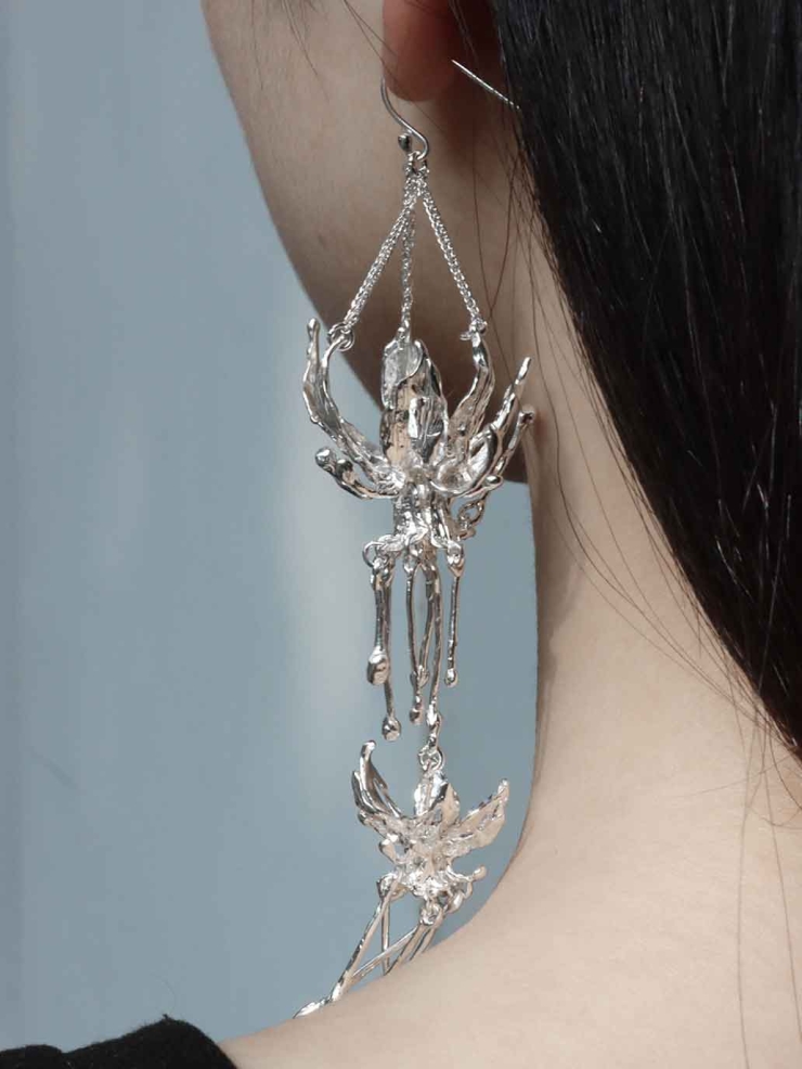 Silver Lotus Rain Hook Earring-Single