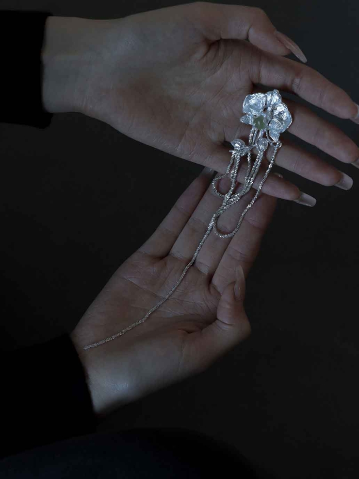 Silver Orchid Cluster Stud Earring-Single