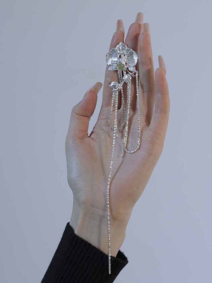 Silver Orchid Cluster Stud Earring-Single