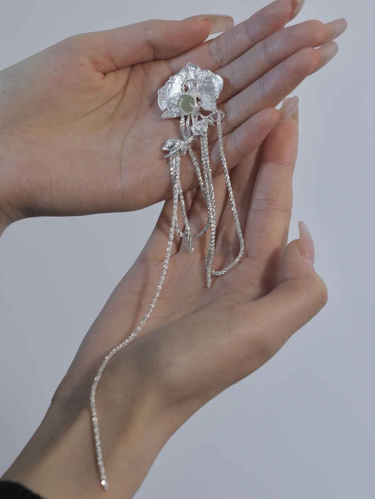 Silver Orchid Cluster Stud Earring-Single