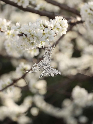 Silver Blossom Branch Butterfly Drop Earring-Single