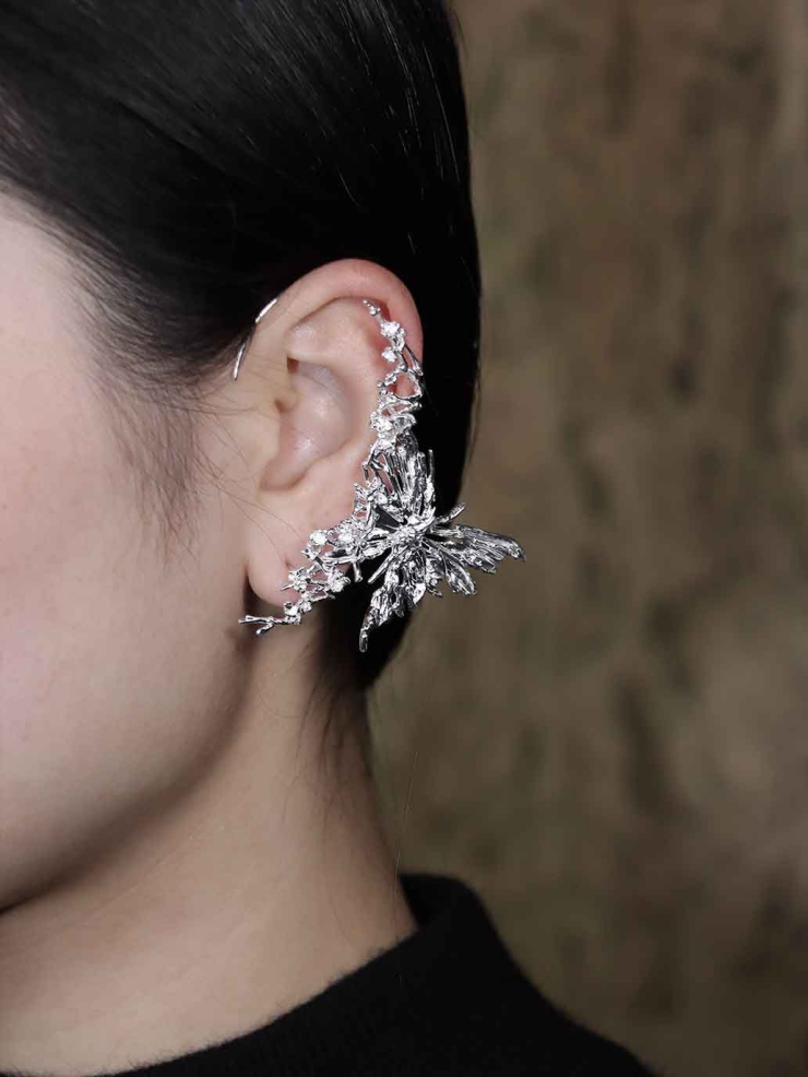 Silver Blossom Branch Butterfly Drop Earring-Single