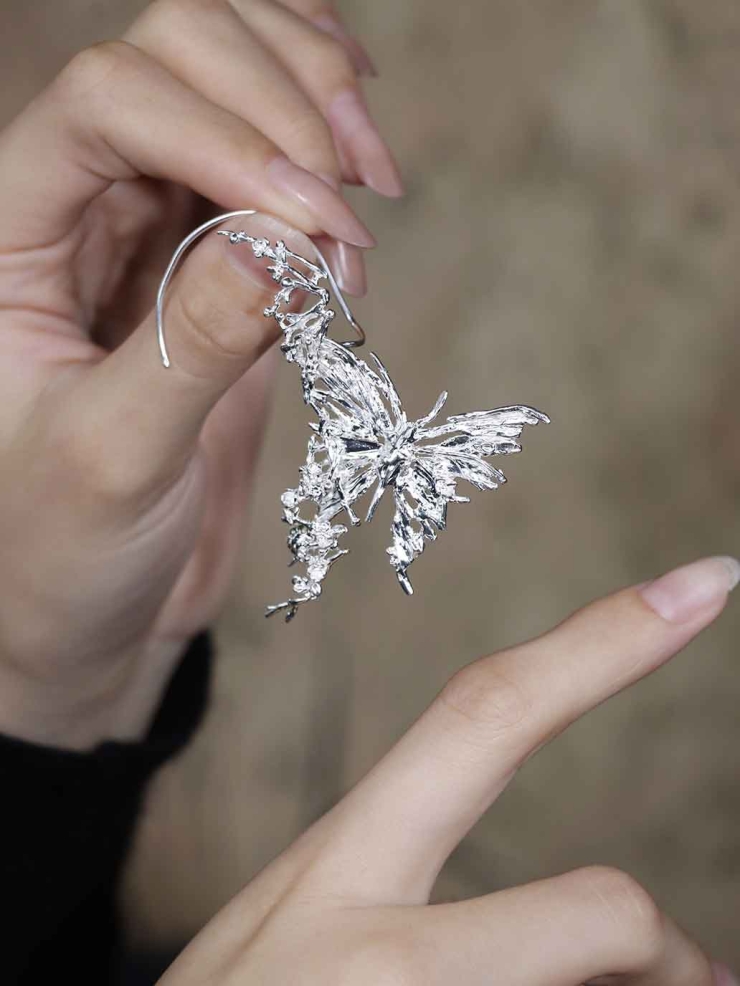 Silver Blossom Branch Butterfly Drop Earring-Single
