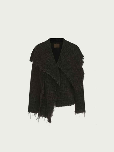 Black Fringed Patterned Knit Jacket