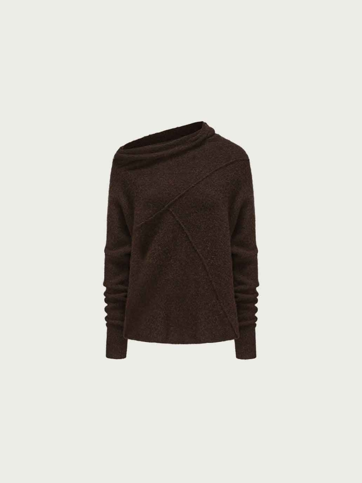 Dark Brown Asymmetric-Neck Knit Sweater